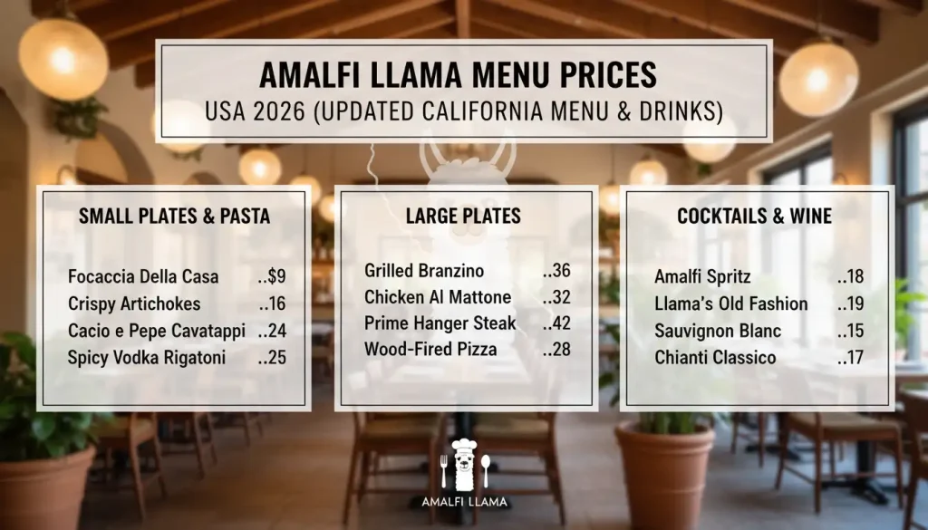 Amalfi Llama Menu USA Prices 2026 (Updated California Menu & Drinks)