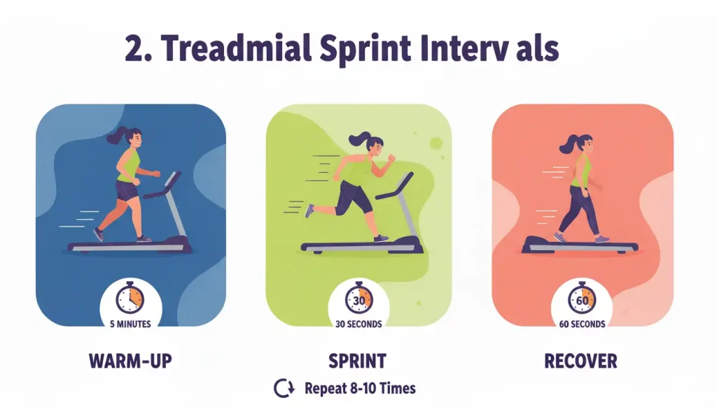 21 Best Cardio Exercises for Weight Loss in Gym & at Home 6 Treadmill sprints involve running as fast as you can for 20 to 30 seconds, then walking to recover. You repeat this cycle for your whole workout.