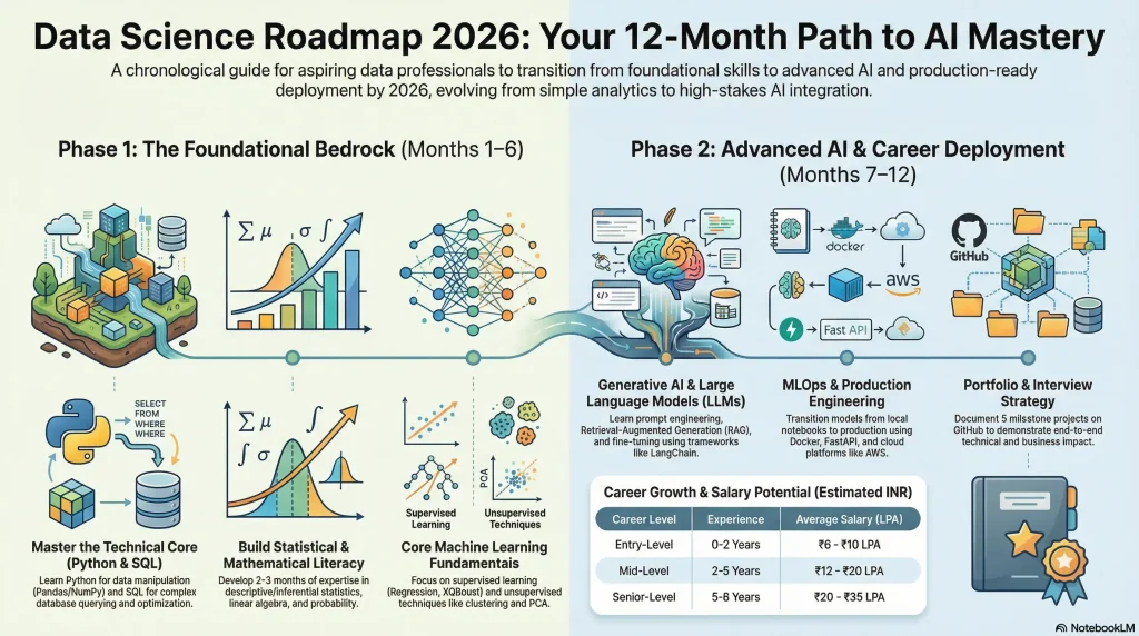 What Are The Steps Follow To Become A Data Scientist 2026 Updated
If you are wondering what are the steps follow to become a data scientist, you are exactly in the right place.

I am going to explain this to you like we are sitting down for a cup of coffee. The world of data science has changed a lot. In the past, a data scientist just wrote code and made simple predictions. Today, in 2026, the role has evolved. You are no longer just a manual coder. You are now an AI Architect who builds smart, self-operating systems.

Becoming a data scientist takes a clear plan. It usually takes between 2 to 6 years. You can follow a structured 12-month roadmap if you study hard every day. You will need a good mix of education, coding skills, and hands on practice.

You must learn programming languages like Python and SQL. You need to understand statistical analysis and machine learning algorithms. You also need to know how to build AI-powered systems.

This career is very rewarding. The data scientist salary is higher than many other tech jobs. The job outlook is also amazing because every company needs help understanding their data.
11 Proven Steps to Become a Data Scientist in 2026 (Complete Career Roadmap Updated)